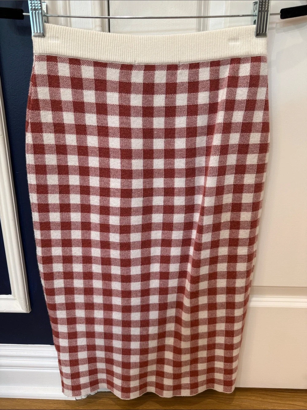 English Factory Cream and Rust Red Gingham Knit Pencil Skirt